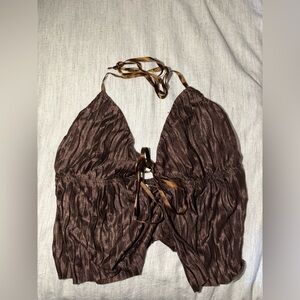 Brown Halter Pleated Satin Top